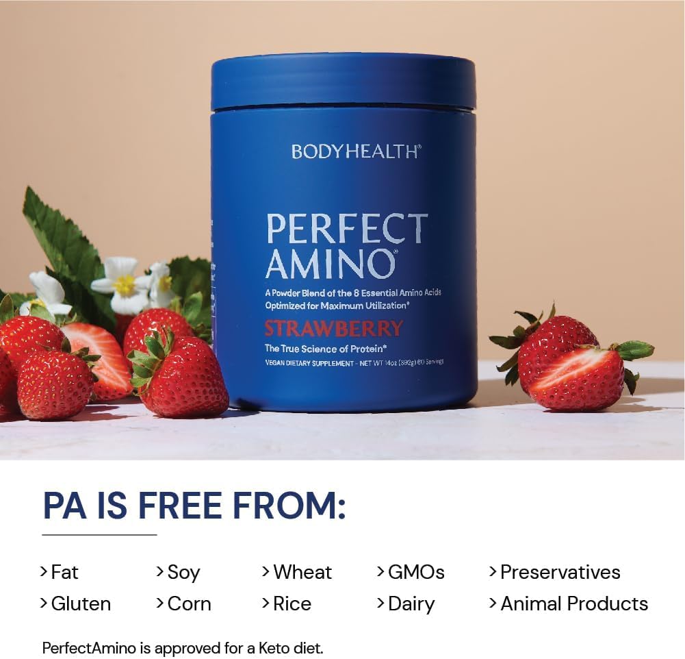 BodyHealth PerfectAmino Powder - BCAA and EAA Powder for Pre and Post Workout - Amino Acid Energy Drink for Men and Women to Support Lean Muscle and Recovery - Strawberry - 60 Servings