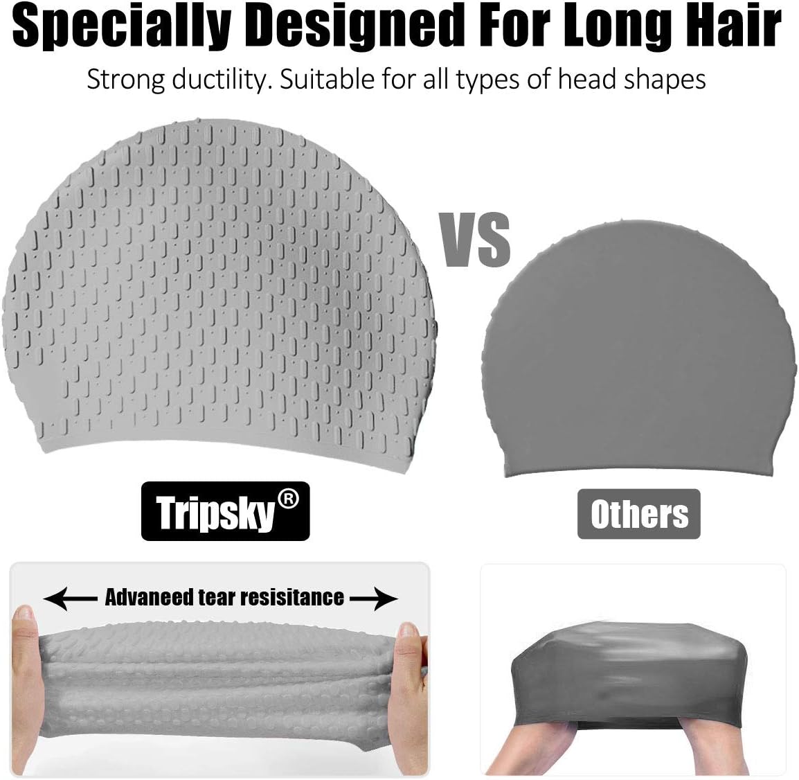 Tripsky Silicone Swim Cap,Comfortable Bathing Cap Ideal for Curly Short Medium Long Hair, Swimming Cap for Women and Men, Shower Caps Keep Hairstyle Unchanged…