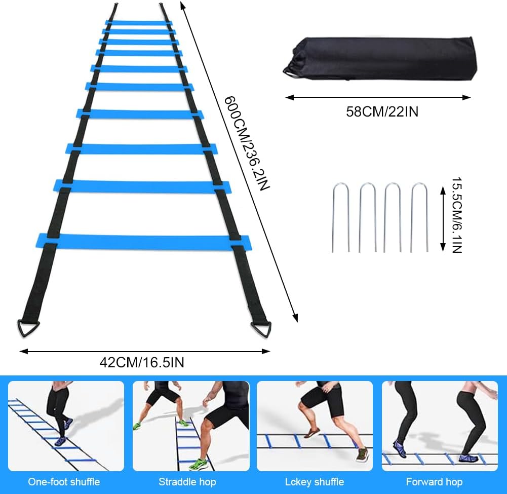Soccer Speed Agility Training Set - 20FT Agility Ladder 12/16 Sports Cones and Soccer Kick Trainer Football Training Equipment Footwork Drills for Youth and Adults
