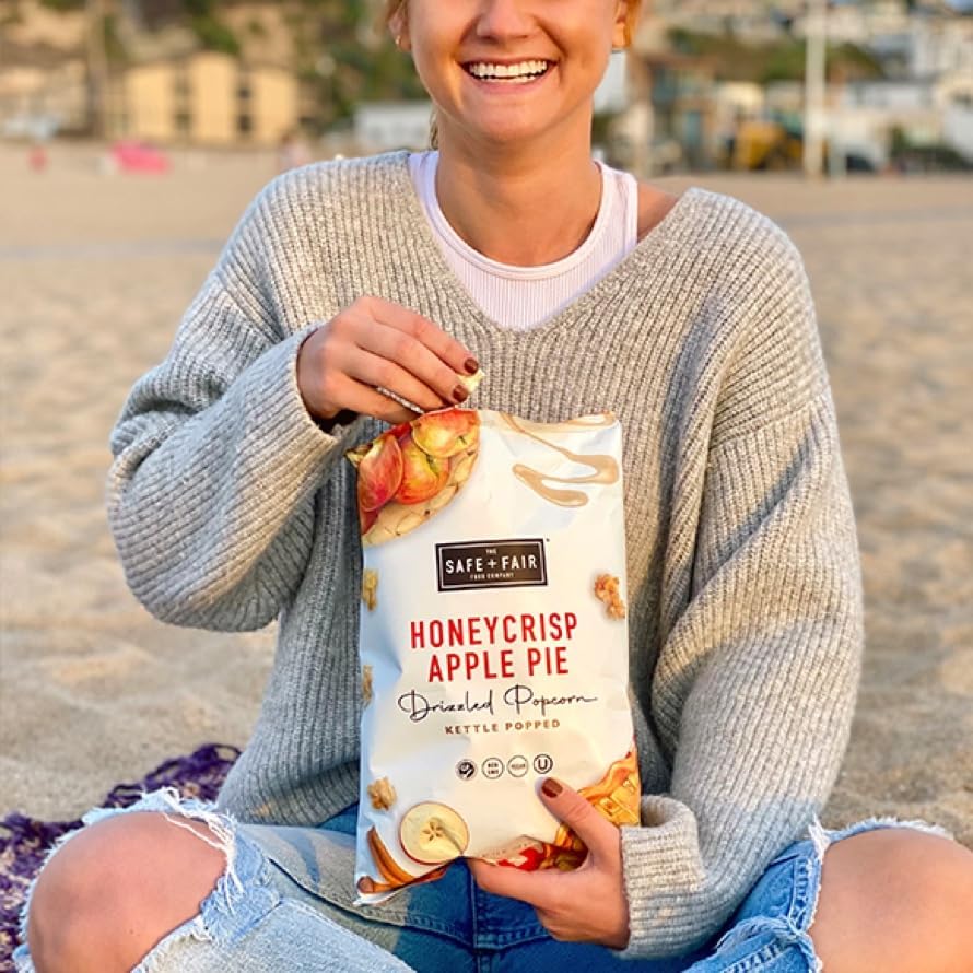 Safe + Fair Plant-Based Gourmet Apple Pie Flavored Popcorn - Honeycrisp Apple Pie Drizzled Kettle Corn Popcorn Non-GMO Gluten-Free Snacks 5.5 ounce, 6 Pack