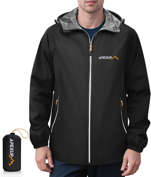 APEXUP Packable Rain Jacket Men with Reflective Zipper, Lightweight Waterproof Raincoat, Mens Rain Jacket for Outdoor Sports