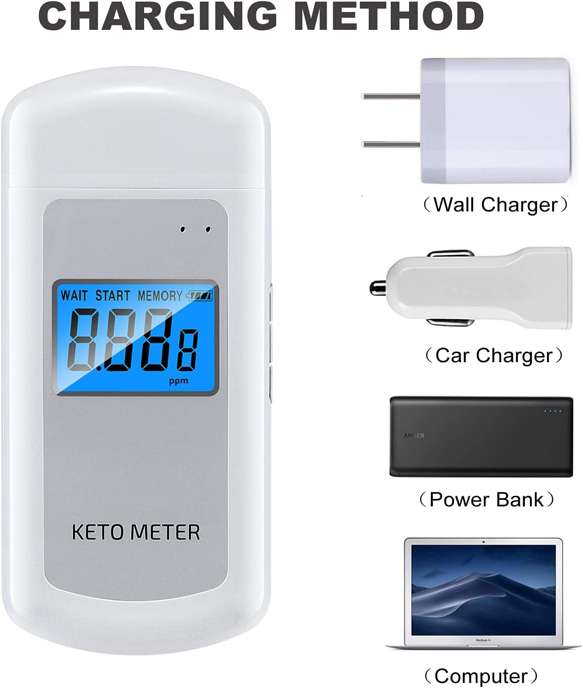 Rechargeable Ketone Meter Analyzer Professional Grade Accuracy Breath Ketone Meter LCD Digital Display Ketosis Breath Breathalyzer Tracing Ketones Status with 10 Mouthpieces