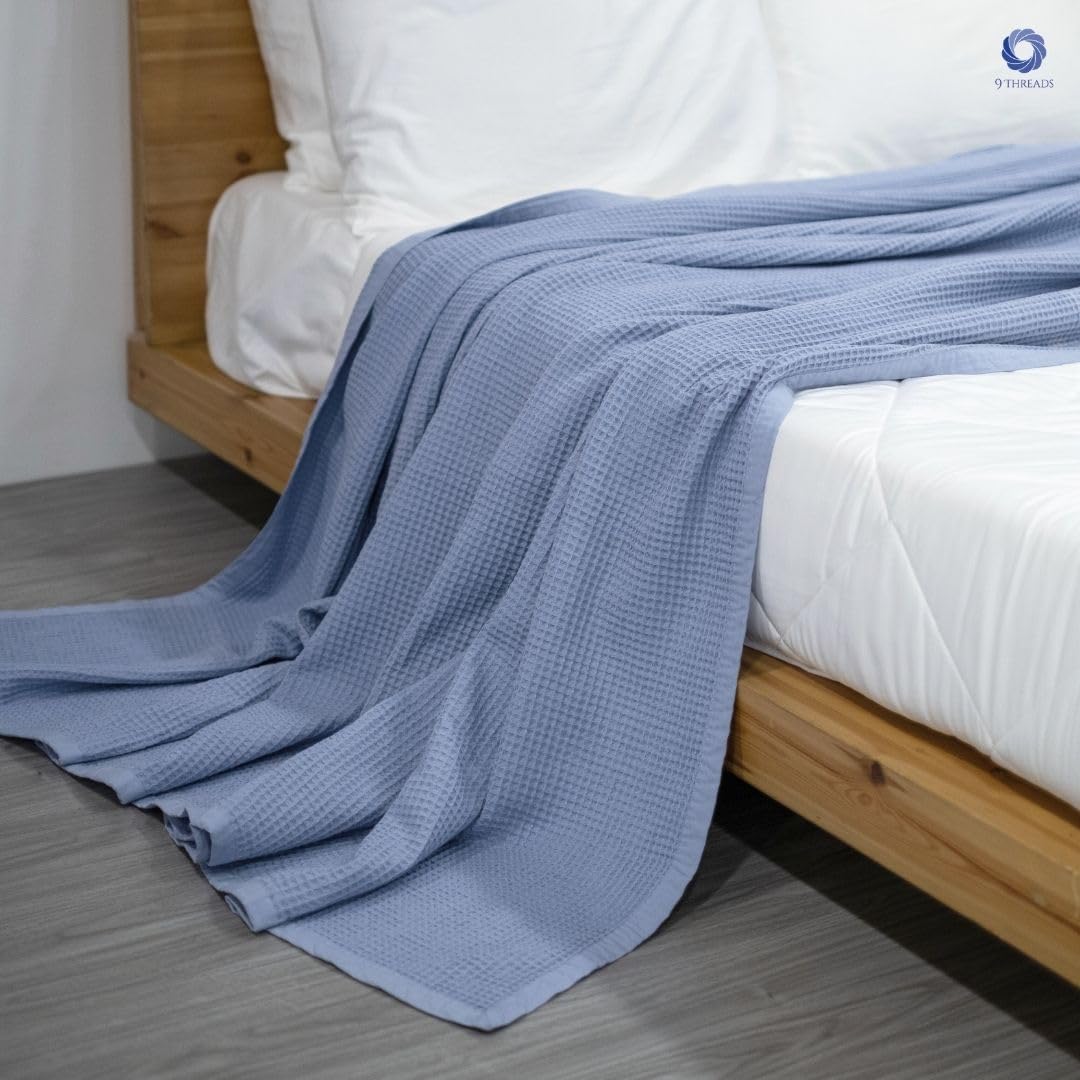 GOTS Certified Organic Cotton Waffle Weave Blanket, Queen Bed Size, 90"X90"Cozy Throw Blanket for Couch, Modern Home Decor, Throw Blankets, Waffle Blanket, Soft Bed Blankets - Powder Blue