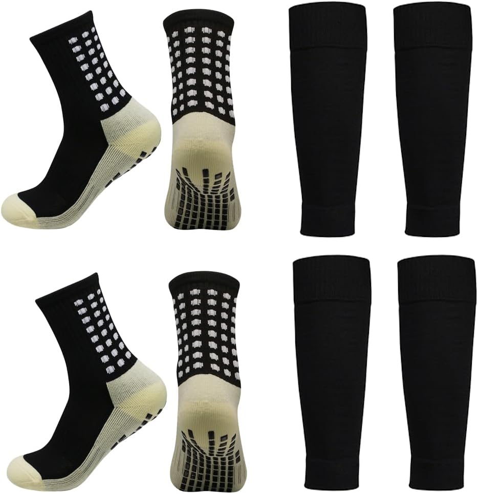 2 Set Anti-Slip Grip Soccer Socks with Shin Guard Sleeves, Sports Athletic Socks for Men Women