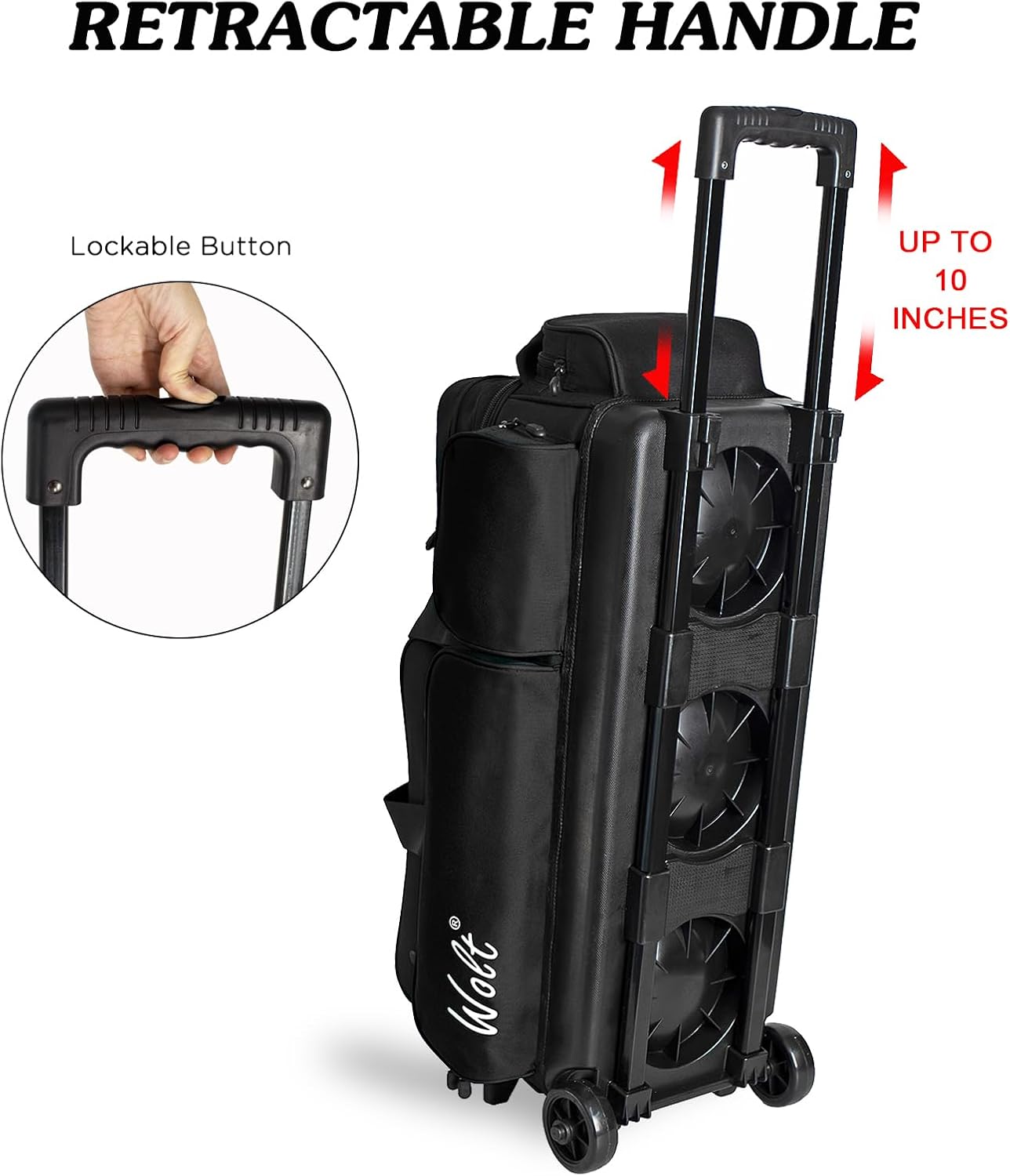 WOLT 3 Ball Bowling Bags with Wheels,Bowling Ball Bag 3 Ball Roller with Separate Shoe Compartment and Accessory Pocket, Retractable Handle Extends to 38’’