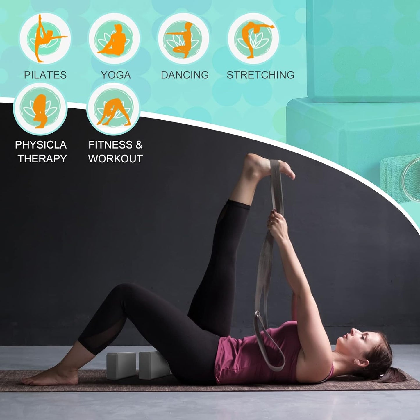 Meooeck 18 Pcs Yoga Block and Strap Set 9 x 6 x 3 Inch EVA Foam Non Slip Brick 8 ft Yoga Straps for Stretching D Ring Design for Back to School Pilates Fitness Workout Exercise