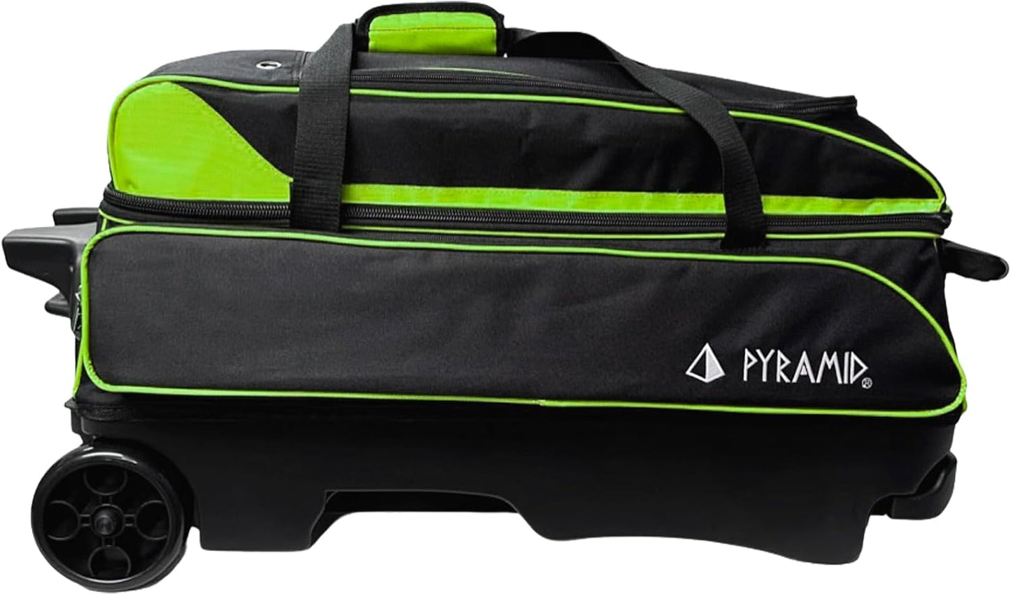 Pyramid Prime Triple Roller 3-Ball Bowling Bag with Extra Large Shoe Compartment (Fits Two Pairs of US Mens Size 15), Retractable Locking Handle (Extends to 41.5"), 1 Large Accessory Pocket, 5" Wheels