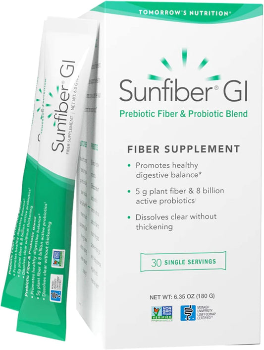 Tomorrow's Nutrition Sunfiber GI, Prebiotic Fiber & Probiotic Blend, 5g Prebiotic Fiber & 8 Billion Probiotics Per Serving, Low FODMAP, 30 Packets, Unflavored