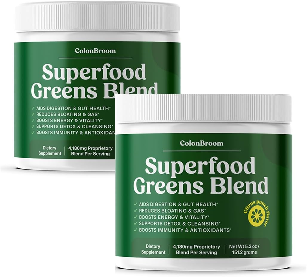 ColonBroom Superfood Greens Powder Supplement | Super Greens Juice Powder with Probiotics, Prebiotics, Spirulina & Chlorella | Natural for Energy, Immunity, Digestion & Detox Support | 56 Servings