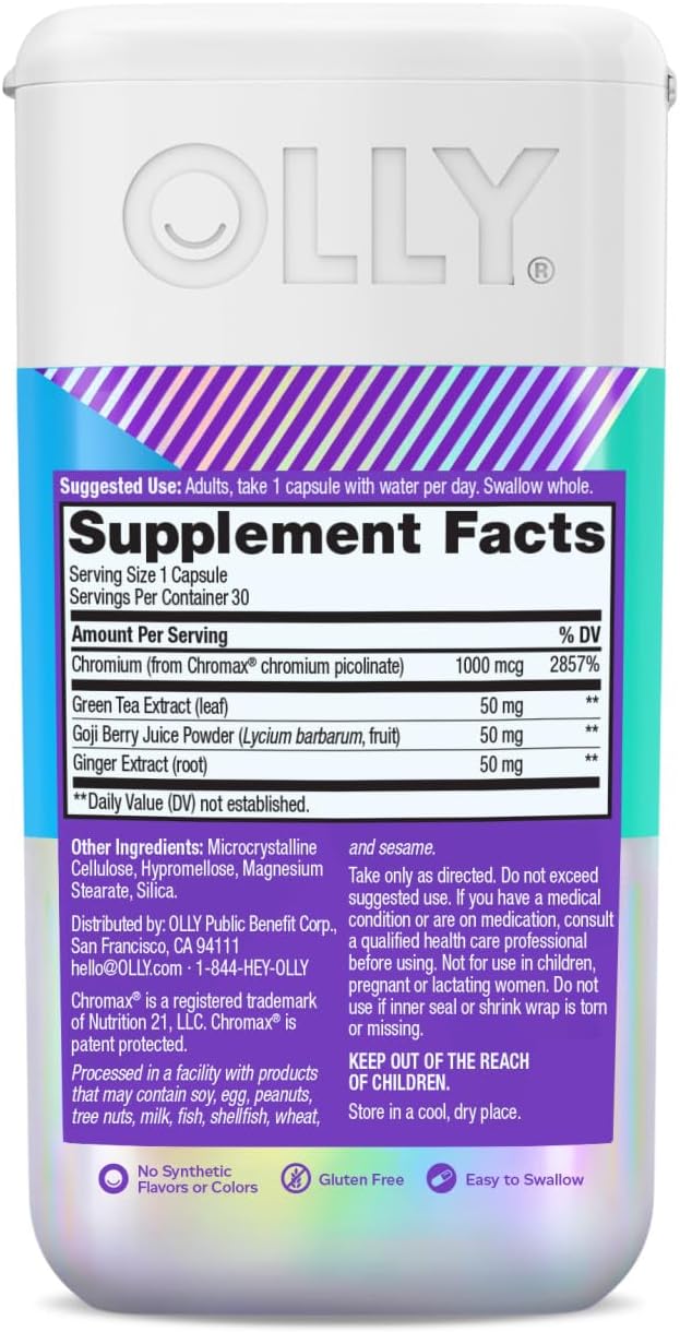 OLLY Combat Cravings, Metabolism & Energy Support Supplement,1000 mcg Chromium, Green Tea, Goji Berry, Ginger - 30 Count (Pack of 2)