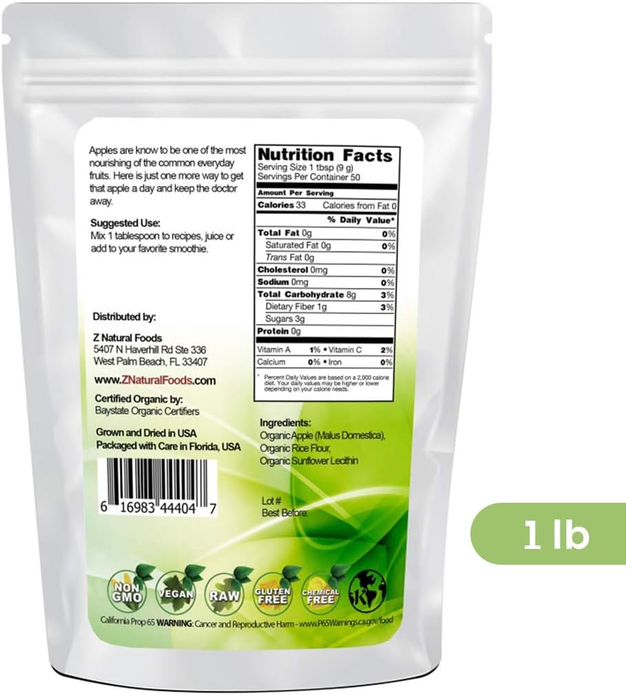Z Natural Foods Organic Apple Powder, Superfood Powder for Digestive Support and Energy Boost, Ideal for Juice, Smoothies, and Recipes, Non-GMO, Vegan, Gluten-Free, Kosher, 1 lb.