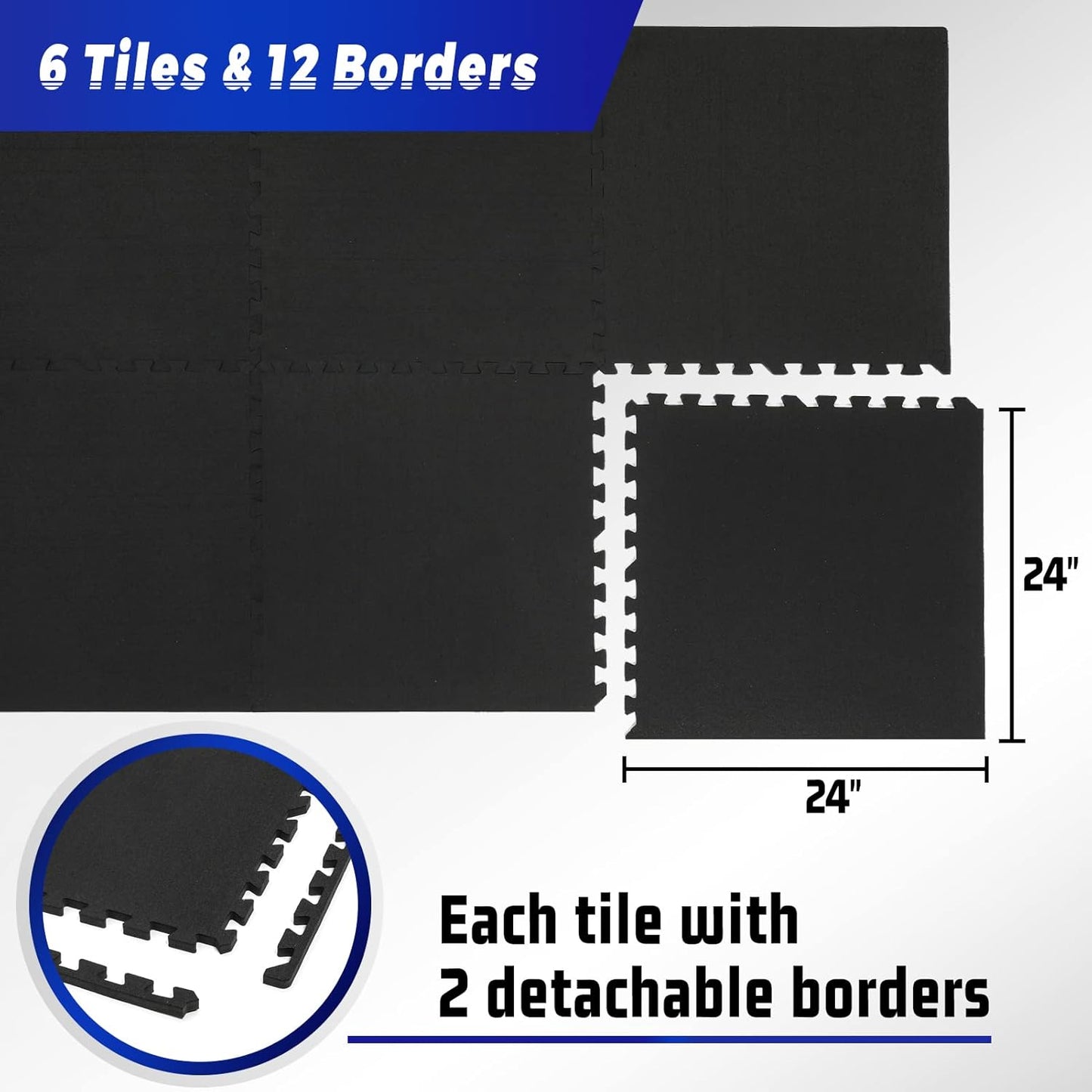 SUPERJARE 0.56'' Thick 6 Pcs 24 Sq Ft Rubber Top Exercise Equipment Mats, High Density EVA Foam Mats with Rubber Top, Interlocking Gym Flooring for Home Gym, Protective Workout Mat, Black