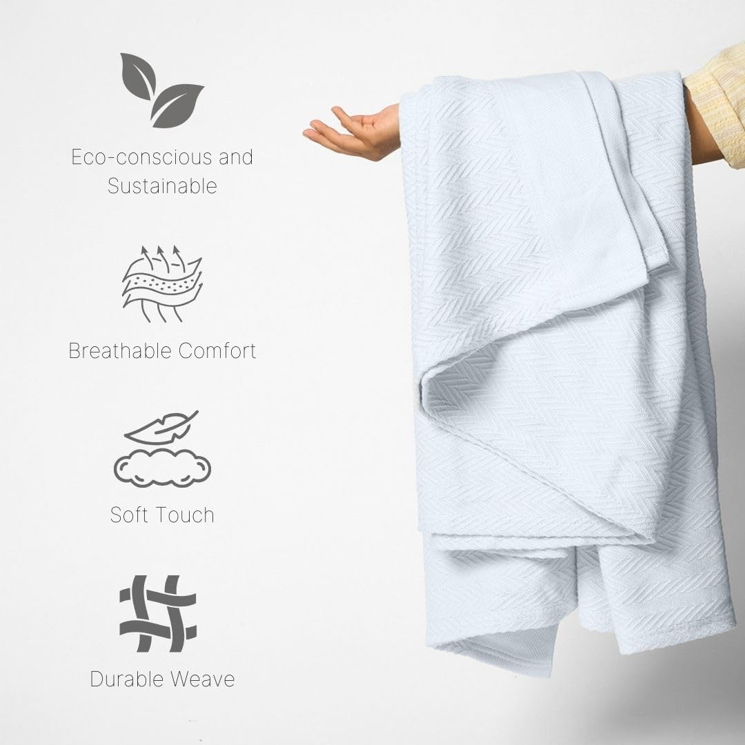 100% Cotton Herringbone Weave Blankets, 90"X90" Queen, Throw Blanket for Bed,All Season Cotton Blanket, Cozy Blanket,Throws Bed Blanket,Throw Blanket for Couch,Modern Home Decor -Light Blue