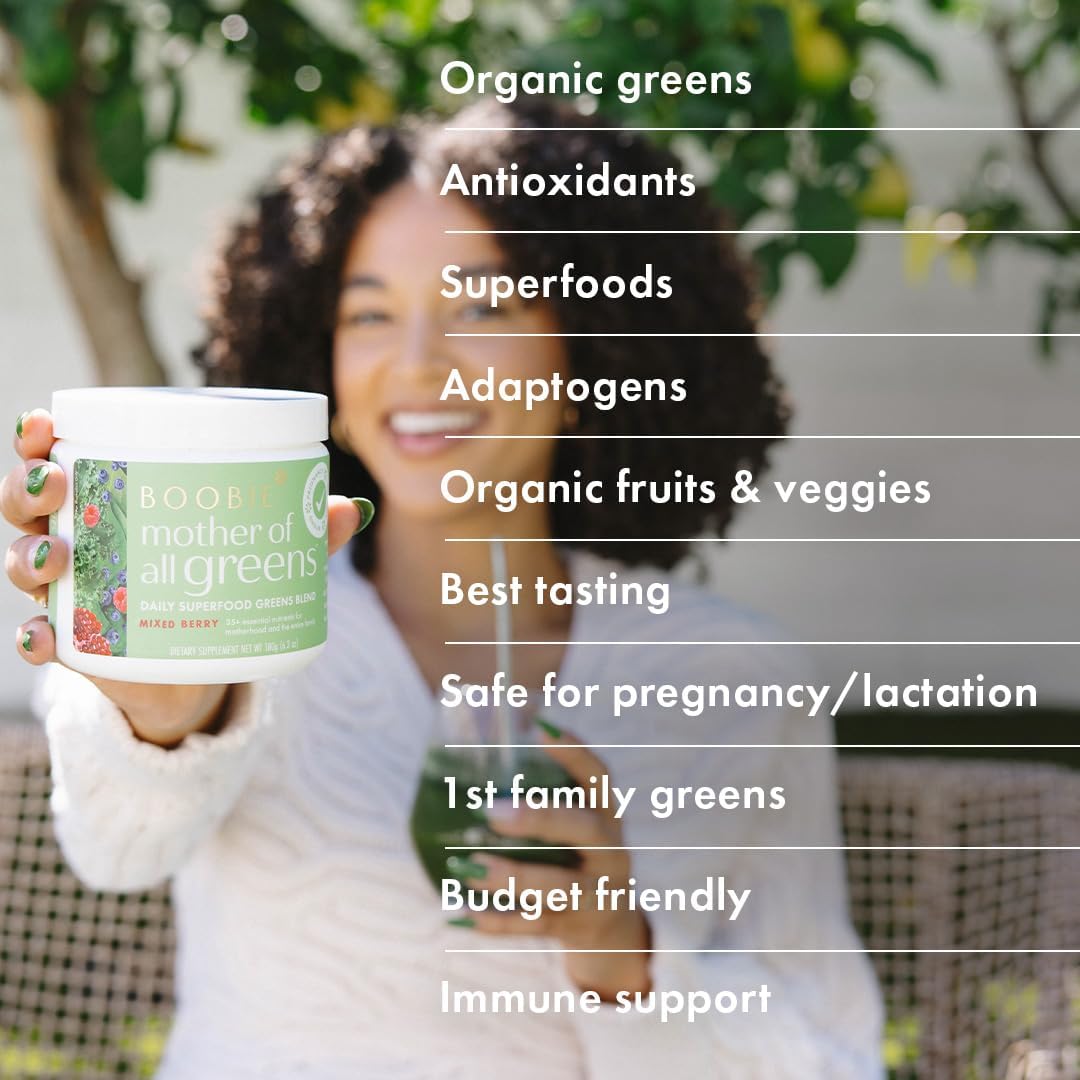 Boobie Mother of All Greens | Your New Family Ritual, Daily Super Greens Powder with 35+ Essential Nutrients for Moms & Families | Vegan, Gluten Free, & Sugar Free | Mixed Berry Flavor, 60 svgs