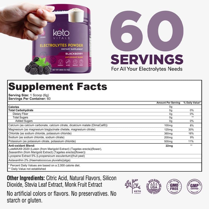 Keto Vitals Antioxidant Electrolytes Powder - Blend Keto Electrolytes with Potassium, Magnesium, Sodium, & Calcium - No Sugar Electrolyte Drink Mix & Hydration Powder, 60 Servings, BlackBerry