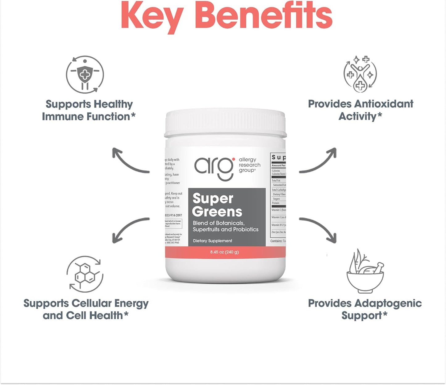 Allergy Research Group Super Greens - Superfood Green Powder with Spirulina, Chlorellla and Oat Grass, Clinically-Studied Probiotic Support for Women and Men - 8.45 oz (240 g)