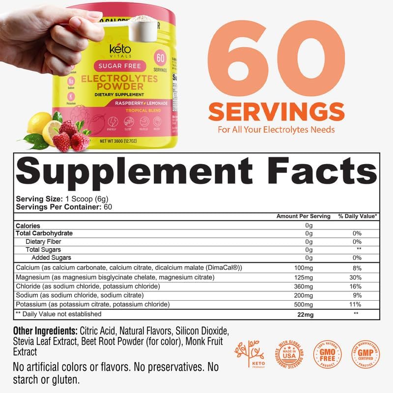 Keto Vitals Electrolytes Powder - Sugar Free Keto Electrolytes Powder with Potassium, Magnesium, Sodium, & Calcium - No Sugar Electrolyte Drink Mix & Hydration Powder, 60 Servings, Raspberry Lemonade