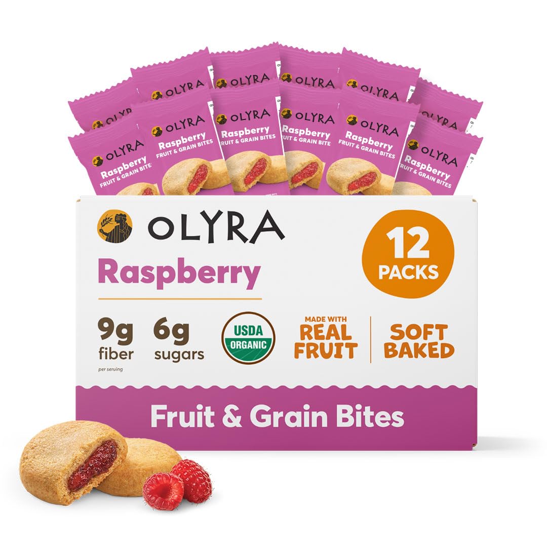 Olyra Raspberry Organic Fruit Snacks, Healthy Snacks for Adults and Kids, High Fiber Soft Cookies, Low Sugar, Vegan, Office Breakfast Bars, USDA Certified Organic, Non GMO (Pack of 12)