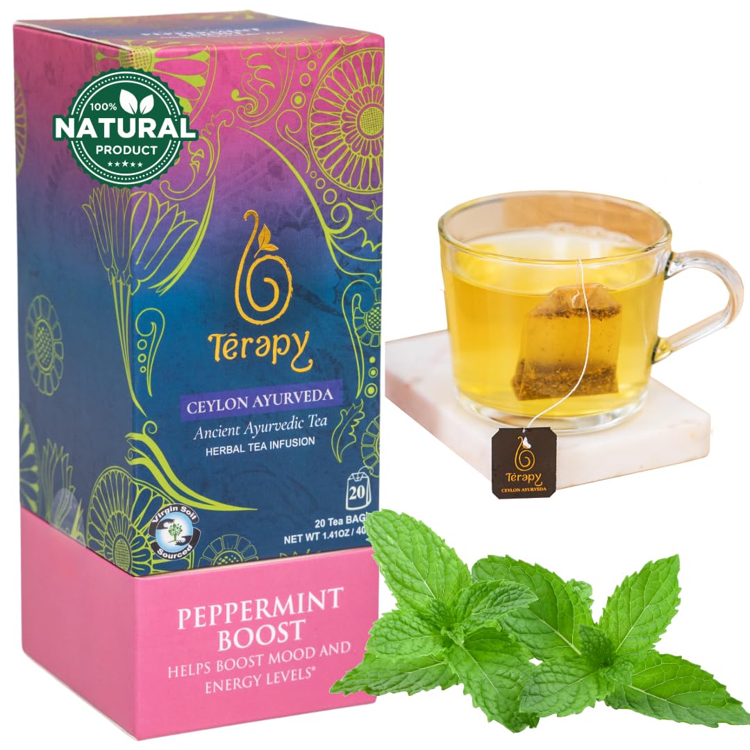 Térapy Ceylon Peppermint Tea | All Natural Herbal Ingredients | 100% Organic Peppermint Tea Bags Individually Wrapped | Eco-friendly & Unbleached Herbal Tea Bags | 20 Count