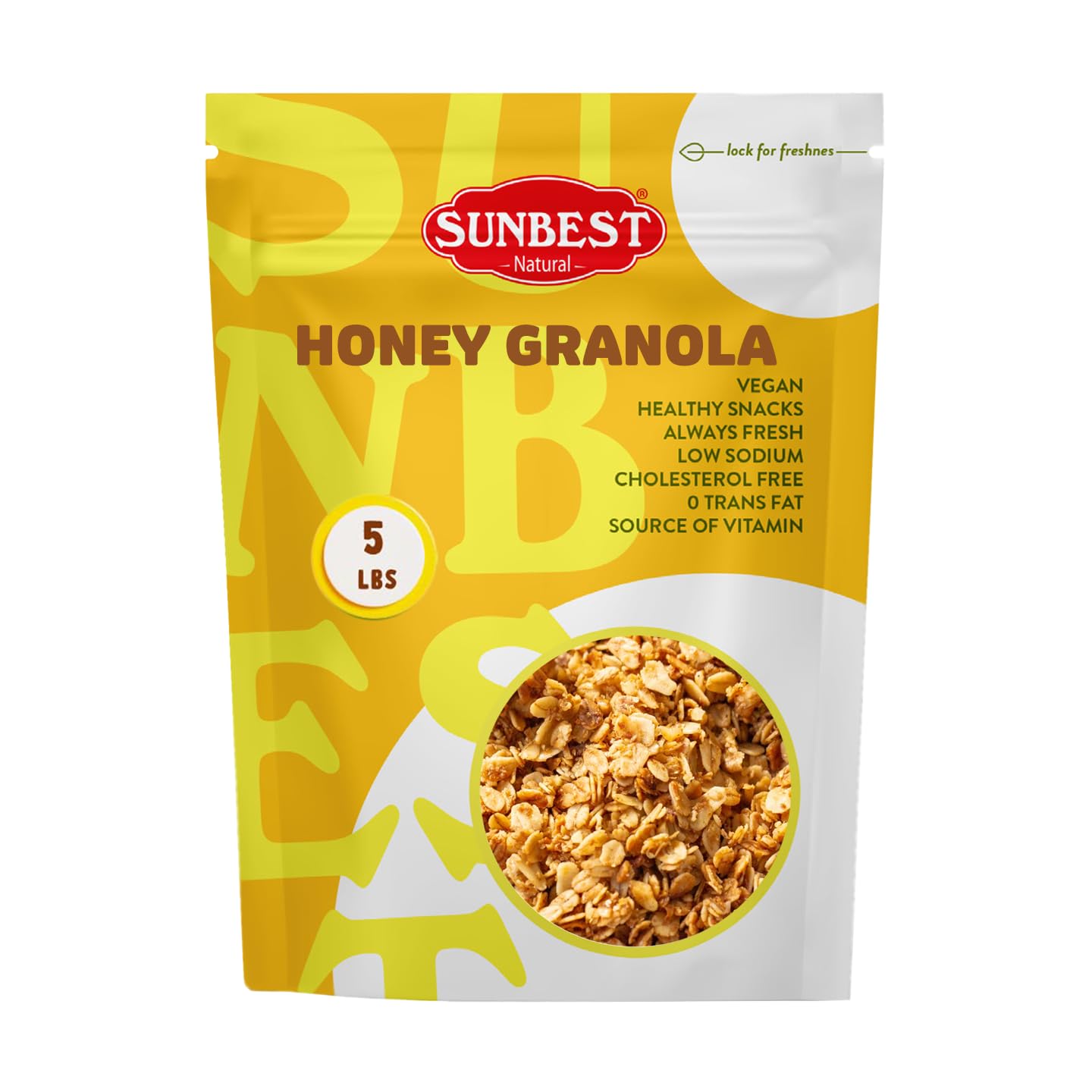 Sunbest Natural Honey Granola – 5 lb Bulk Bag (80 oz) – Whole Rolled Oats, Delicious & Crunchy – Kosher, Low Calorie, High Fiber, Non-GMO – Great for Snacks, Travel & Parties