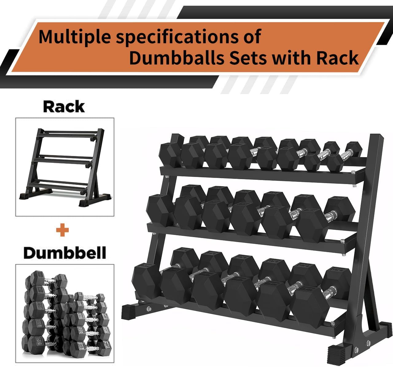 Ritafer 6-10 Pair Hex Rubber Dumbbell Set 350/450 and 550 lbs（5-50 lbs ）Hand Free Weight for Strength Coated Encased Iron Weights with Dumbbells Storage Rack Home Gym