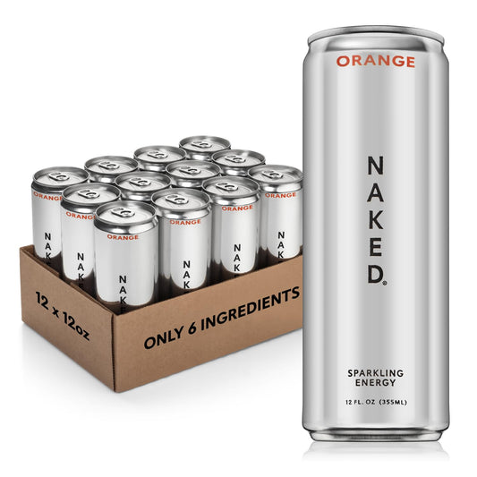 Naked Sparkling Energy Drink - Orange, Organic Caffeine, Organic Lemon Juice, Zero Sugar, No Sucralose, Naturally Sweetened, Natural Energy Drinks, Vegan, Gluten-Free, Non-GMO - 12oz Cans (Pack of 12)