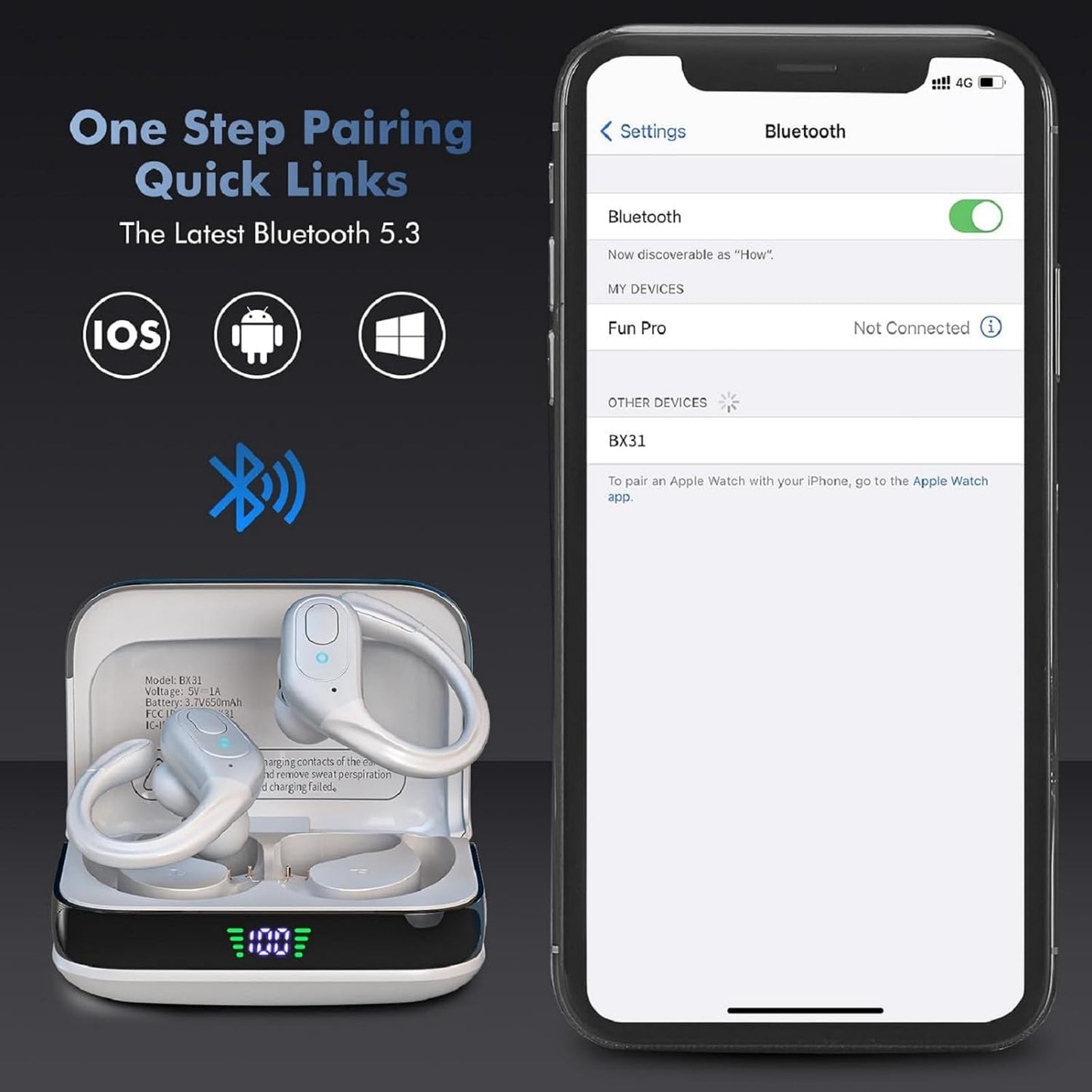 Bluetooth Headphones Wireless Earbuds with 75Hrs Playback, LED Display Charging Case, IPX7 Waterproof, Over-Ear Design Ear Buds for Sports/Running/Workout - White