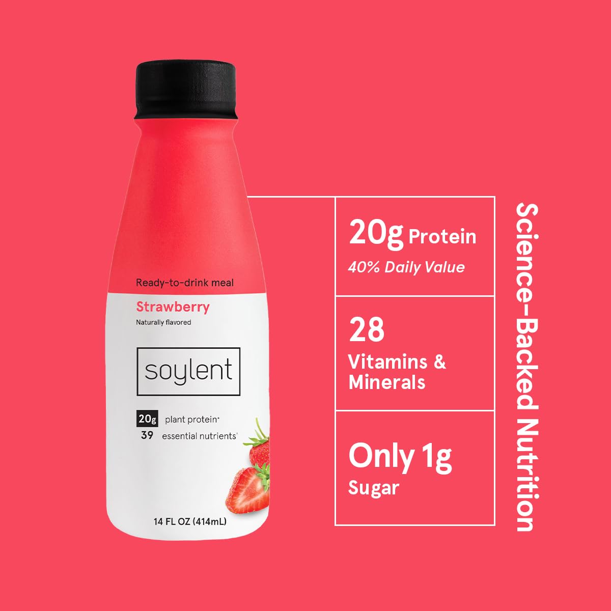 Soylent Strawberry Meal Replacement Shake, Ready-to-Drink Plant Based Protein Drink, Contains 20g Complete Vegan Protein and 1g Sugar, 14oz, 12 Pack