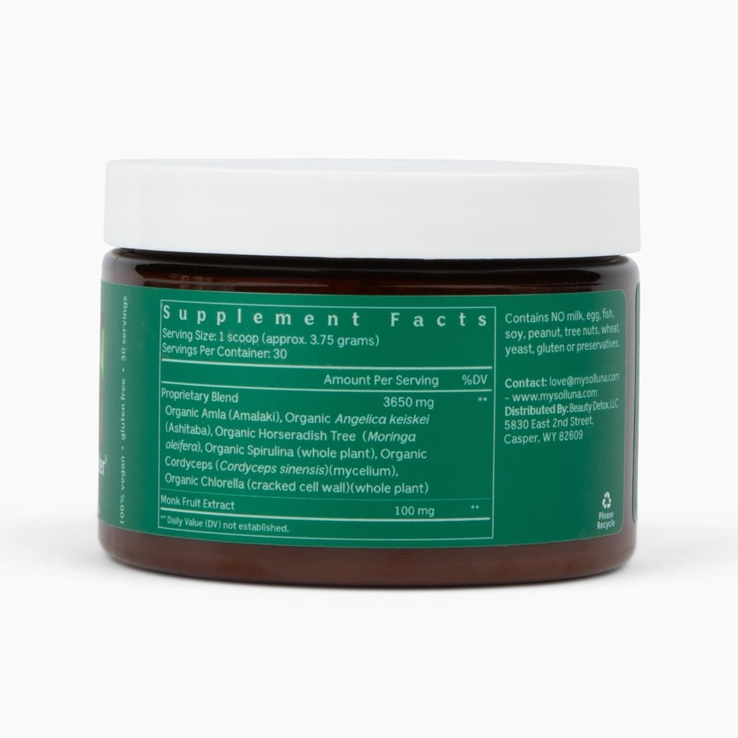 Solluna by Kimberly Snyder Glowing Greens Powder — Spirulina, Cordyceps, Chlorella, Moringa, Ashitaba, Amalaki, Monk Fruit — Superfood Supplement for Energy & Mood (30 Servings) Vegan & Non-GMO