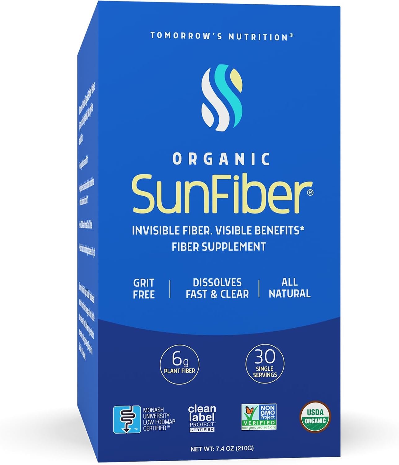 Tomorrow's Nutrition, Organic Sunfiber Stick Packs, Prebiotic Fiber Supplement for Digestive Health, Low FODMAP, Gluten-Free, 30 Packets, Blue