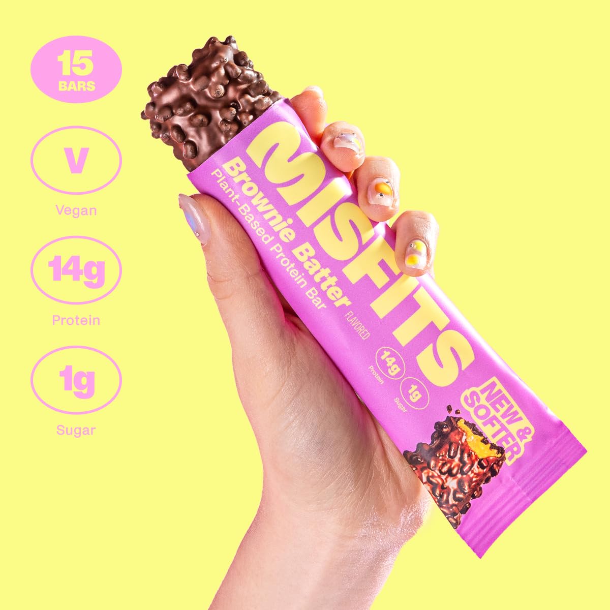 Misfits Vegan Protein Bars, Brownie Batter - Updated Recipe | Plant Based, Low Sugar & Carb, High Fiber Snacks | Pack of 15