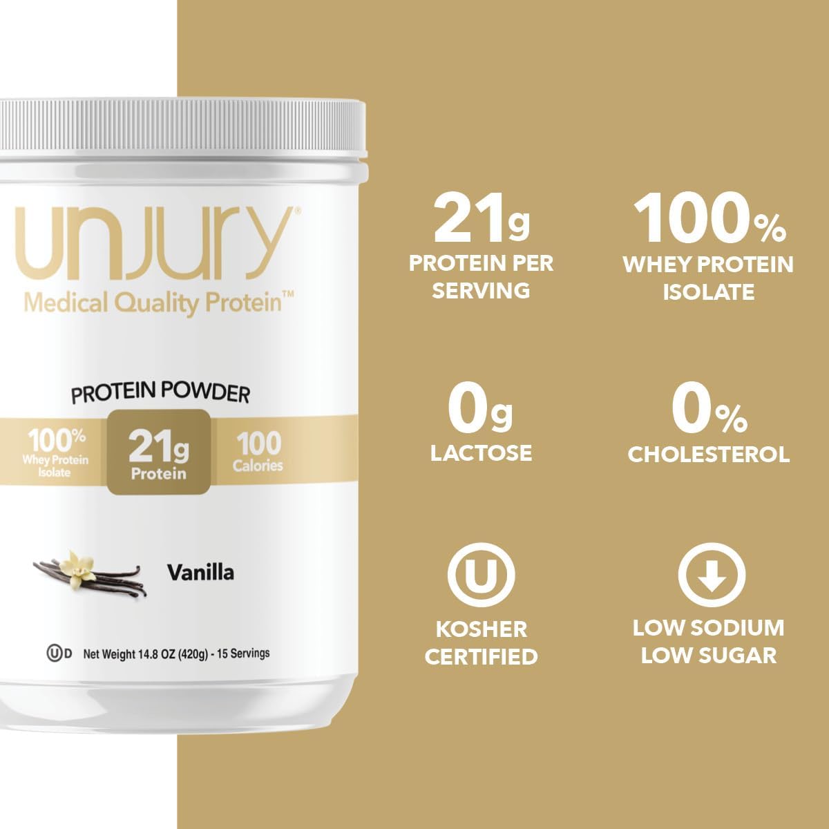 Whey Protein Powder | Vanilla | 21g 100% Whey Isolate Protein Powder | Low Carb and Lactose Free | Gluten Free | Certified Kosher | 15 Servings
