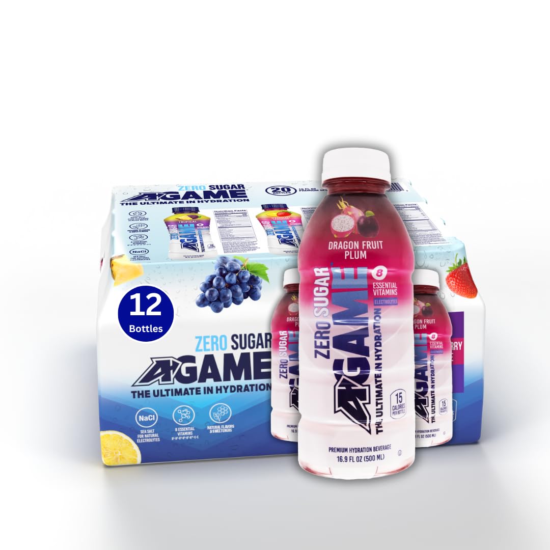 A-GAME Zero Sugar Sports Drink, Dragon Fruit Plum Zero Sugar, The Ultimate Sugar Free Hydration Sports Beverage, 8 Essential Vitamins including B, C, & E plus Sea Salt Electrolytes, All Natural Flavors, Gluten Free & Keto Friendly, 16.9 Fl Oz (Pack of 12)
