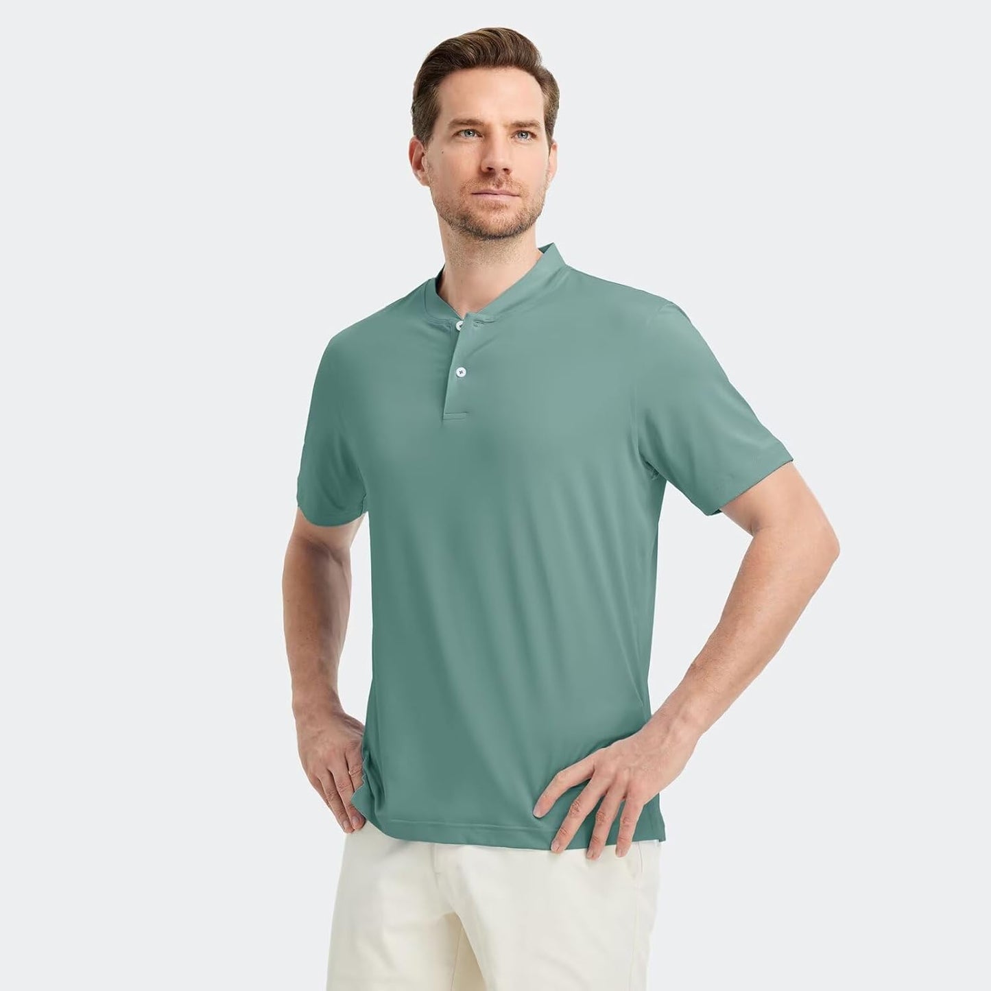 M MAELREG Collarless Golf Shirts for Men Dry Fit Moisture Wicking Performance Solid Casual Mens Henley Shirts Short Sleeve
