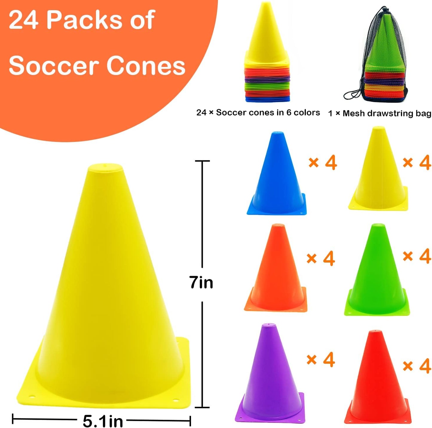 12/24/48Pcs Soccer Cones,7" or 9" Soccer Cones for Training, Multicolor Cones Sports Soccer Training Cones, Field Cones for Skating Basketball Football Drills Practice