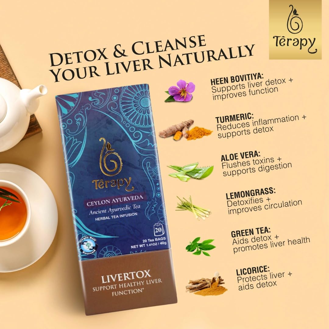 Térapy Ceylon LIVERTOX Organic Herbal Tea Bags | Helps with Liver Kidney Cleanse Detox & Repair | 100% Natural Ayurvedic Ingredients including Turmeric, Aloe Vera and Lemongrass | 20 Individually Wrapped Tea Bags