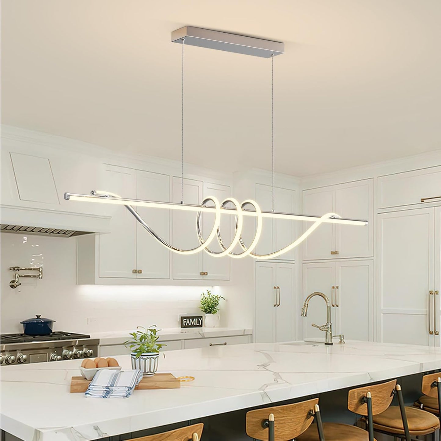Modern LED Pendent Lights Kitchen Island,3000k-6000K Adjustable Color Dining Room Light Fixture,Dimmable with Remote Control Aluminum for Kitchen, Living, Dining,Bedroom(57in Chrome Silver