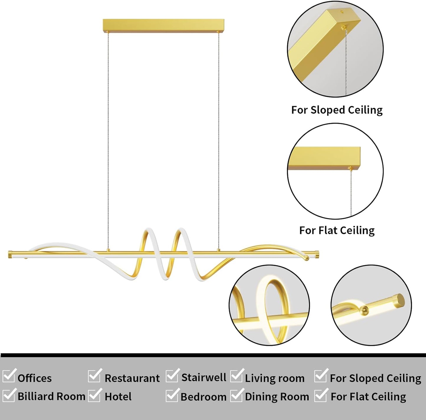 Modern LED Pendant Lights, 39in Gold Chandelier Dimmable with Remote Control 3000k-6000K Adjustable Color Temperature, Aluminum Island Lighting Lamp Fixture for Kitchen, Dining Room