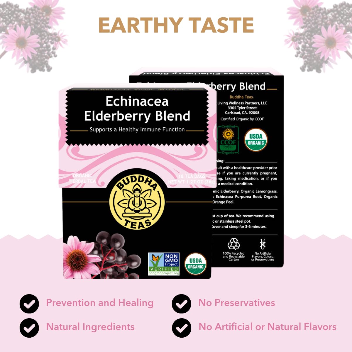Buddha Teas - Organic Echinacea Elderberry Blend - Herbal Tea - For Health & Wellbeing - With Antioxidants & Minerals - Clean Ingredients - No Caffeine - OU Kosher & Non-GMO - 18 Tea Bags (Pack of 1)