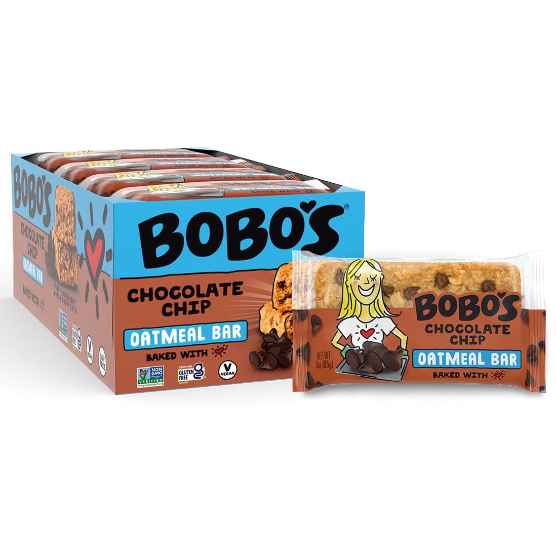Bobo's Oatmeal Bars, Chocolate Chip, Gluten Free Vegan Whole Grain Oat Bars, Pack of 12
