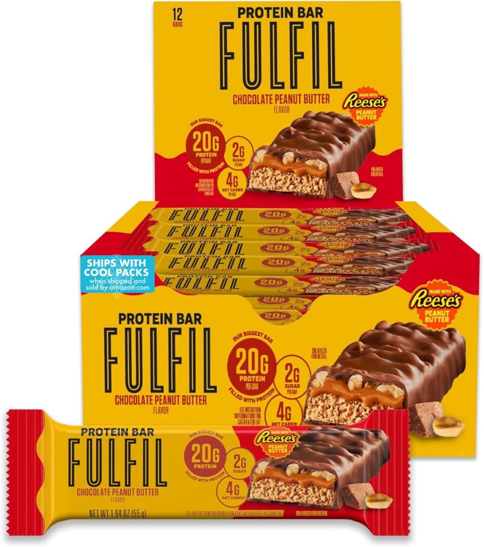 FULFIL Chocolate Peanut Butter Flavored Protein Bar Made with REESE's Peanut Butter, Gluten Free with 20g Protein, Pantry Staples, 12 Count