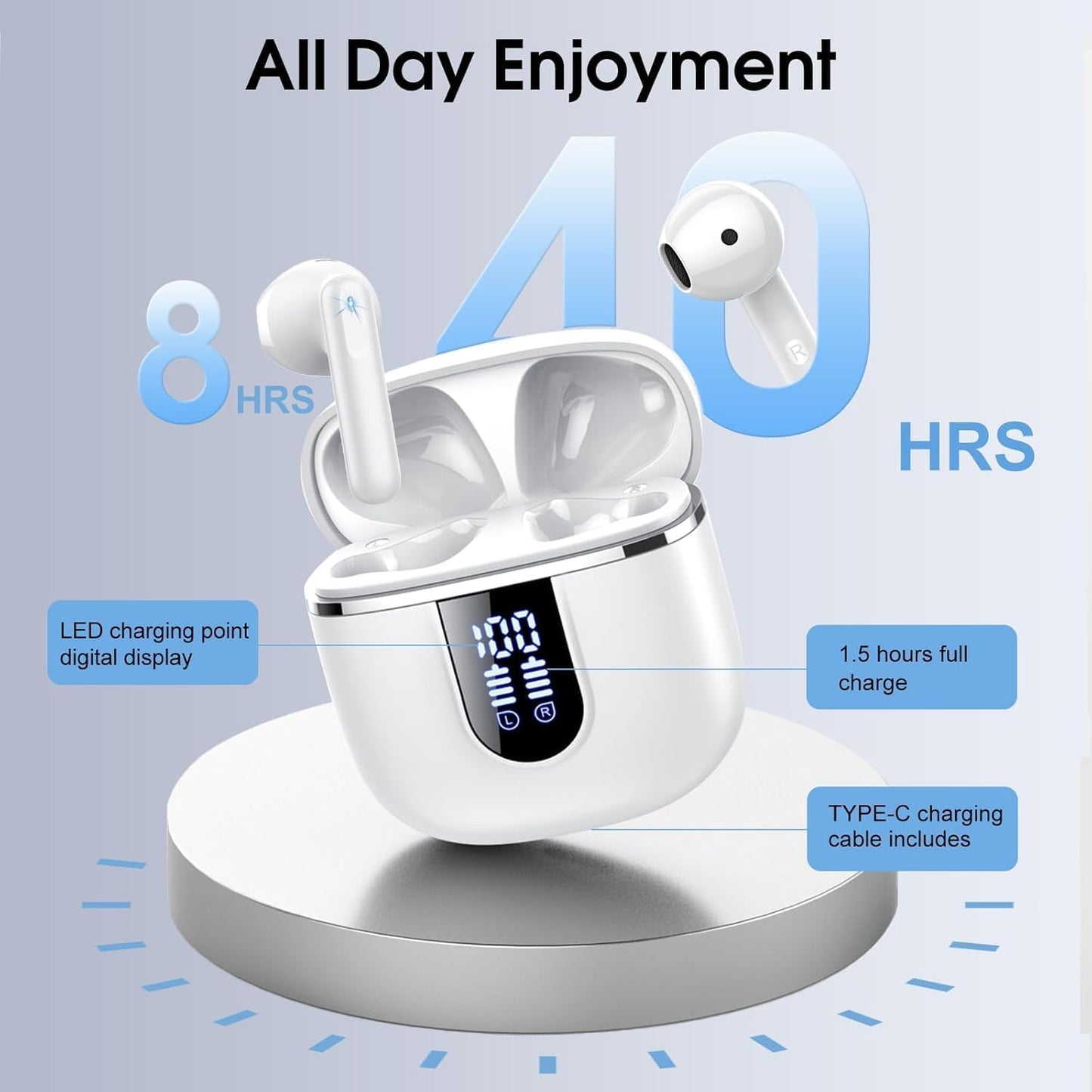 Wireless Earbuds, Bluetooth 5.4 Headphones with 3D Bass Stereo, 40H Ultralight in-Ear Buds, Bluetooth Earbuds with 4 ENC Noise Cancelling Mic, USB-C, IP7 Waterproof Earphones for Android iOS, Milky