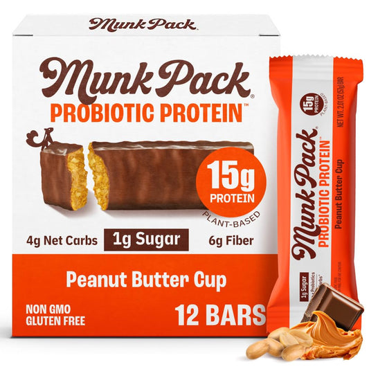 Munk Pack 15g Probiotic Keto Protein Bars - Low Sugar, High Protein -1g Sugar, 4g Net Carbs. Vegan + Plant Based Gut Health. Low Carb Healthy Snack Bar. Peanut Butter Cup- 12 Count