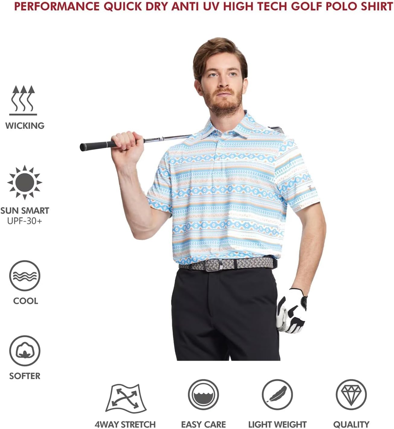 Men's Golf Polo Shirts Short Sleeve Striped Performance Moisture Wicking Dry Fit Golf Shirts for Men