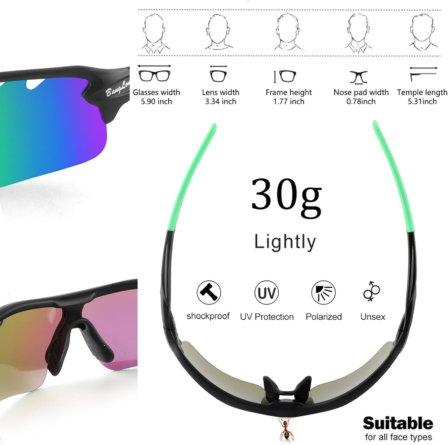 BangLong Polarized Sports Sunglasses Cycling Sun Glasses for Men Women with 5 Interchangeable Lenes for Running Baseball Golf