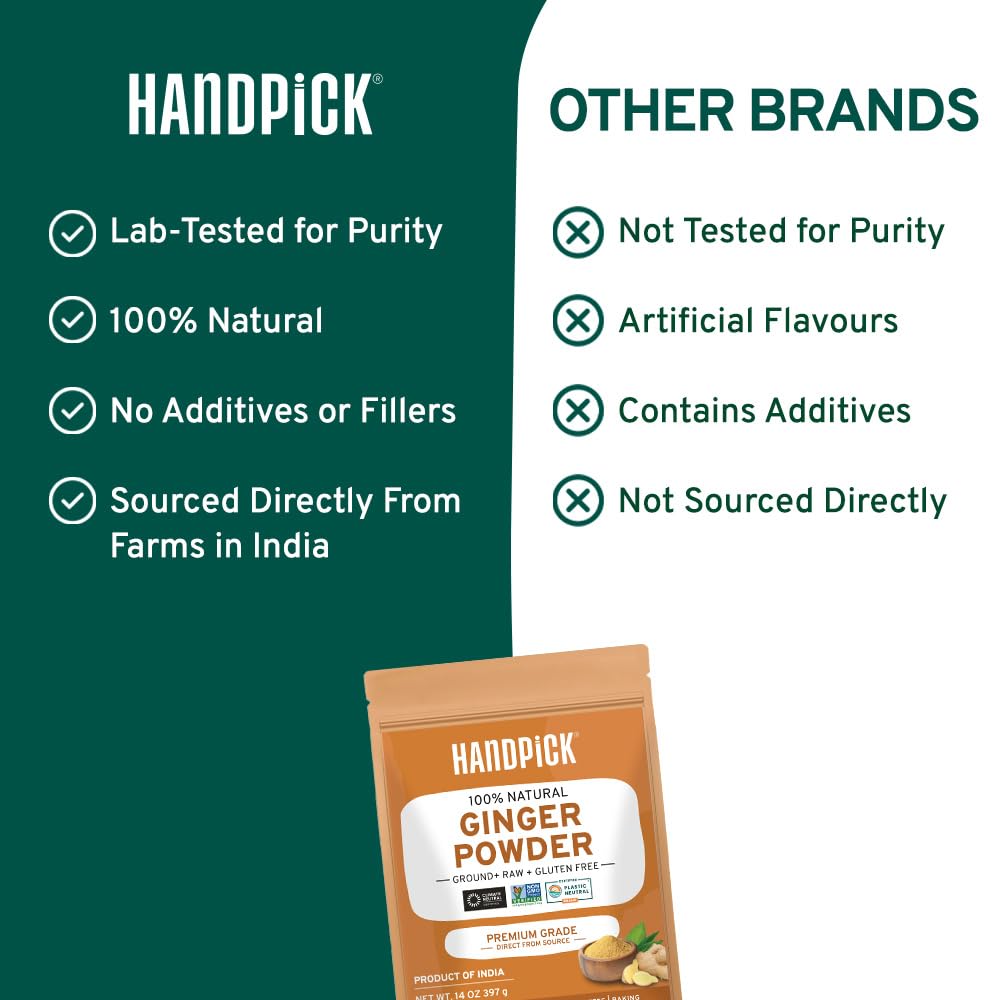 HANDPICK Ginger Powder (14oz/397g) No Additives, No Preservatives, No Fillers | Ginger Root Powder from India | Raw, Gluten Free, Non GMO | Perfect for Cooking, Baking | Resealable Zip Lock Pouch
