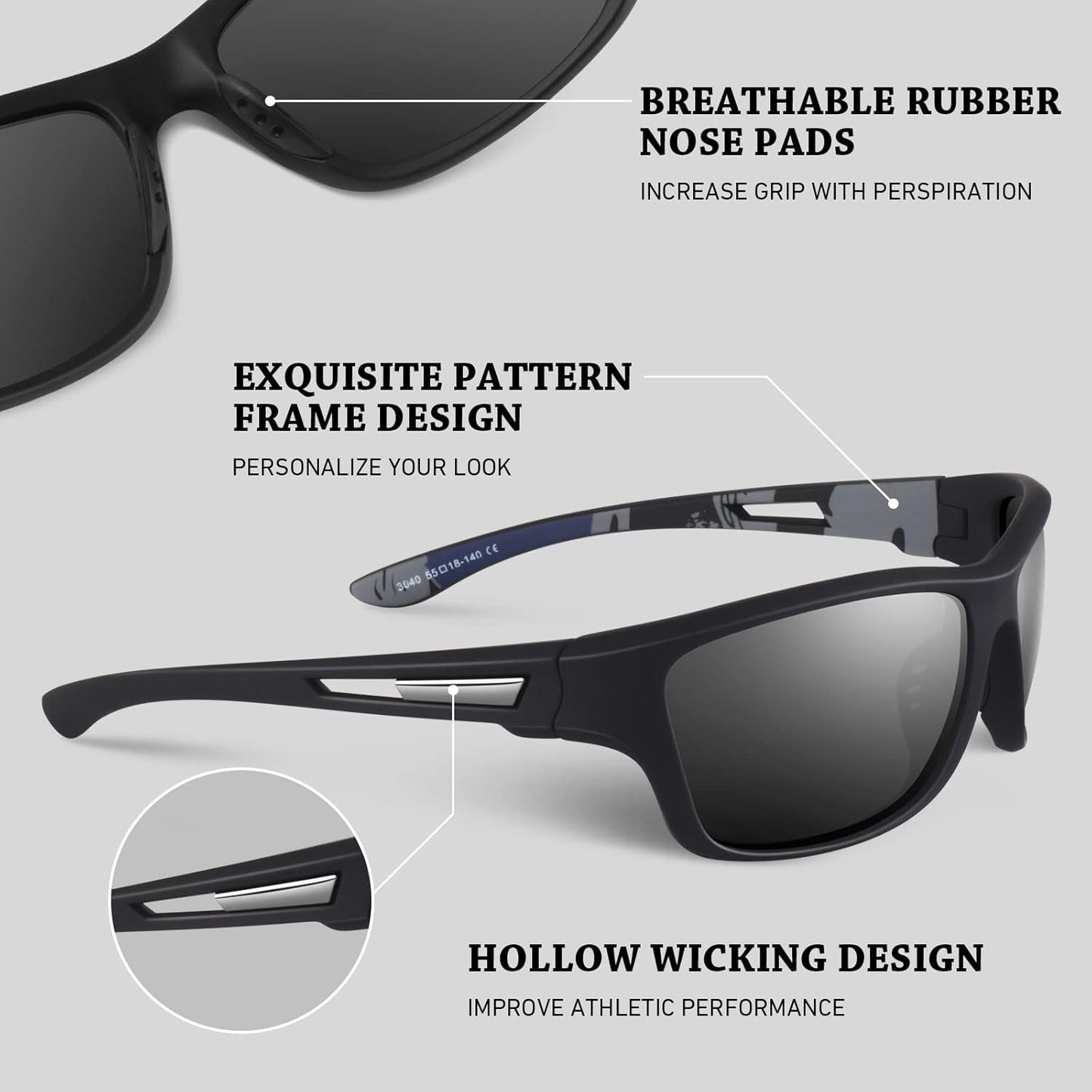 Polarized Sports Sunglasses for Men Women,Fishing Driving Rectangular Goggles UV400 Protection