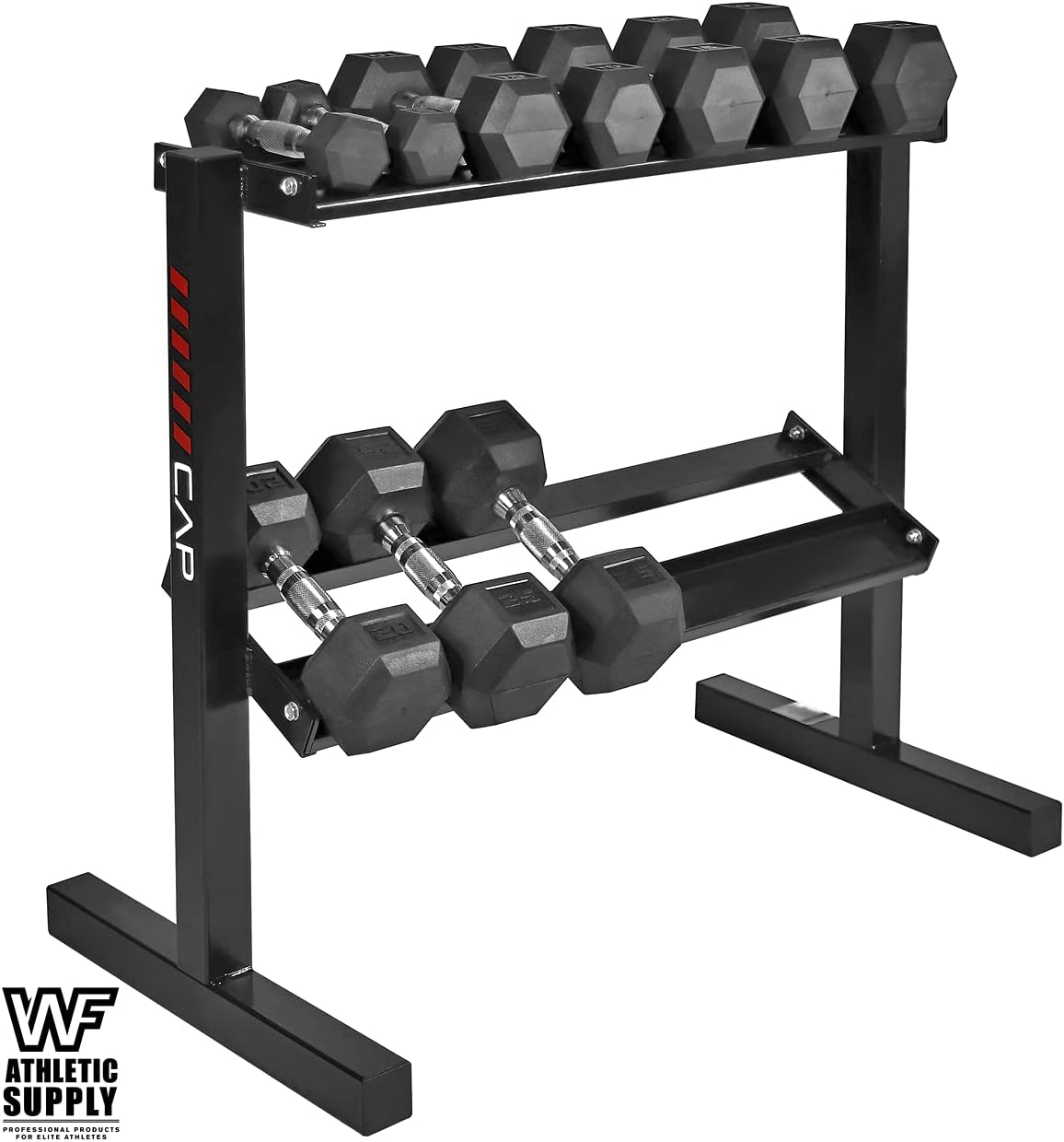 WF Athletic Supply Rubber Coated Hex Dumbbell Set with Two Tier Premium Storage Rack Built for Strength Building, Weight Loss & Home Gym – Multiple Sets Available
