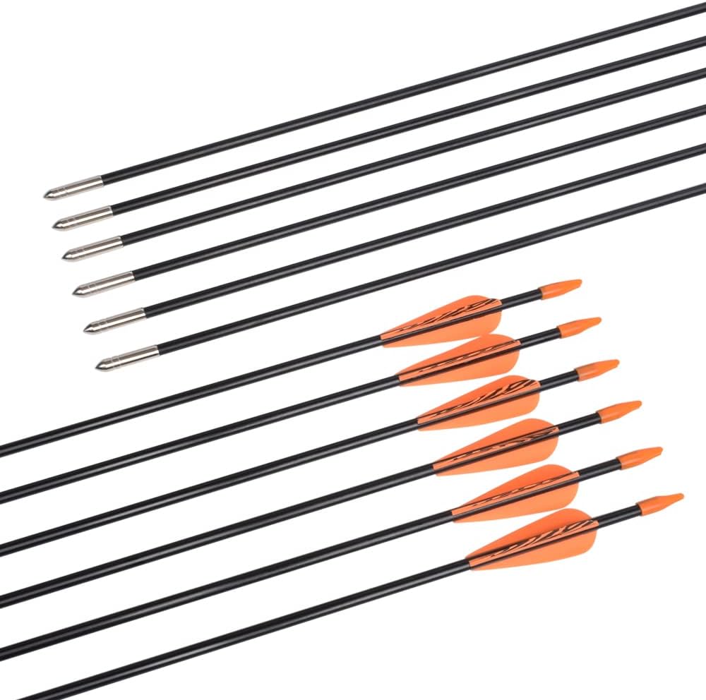 6875 Fiberglass Arrows Archery 24/26/28/30 Inch Target Shooting Safetyglass Recurve Bows Suitable for Youth Children Woman Beginner 6 or 12pcs/Pack (tigerspot Orange Vanes)