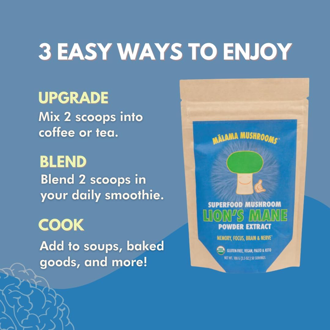 Lion's Mane Extract Powder by Malama, Organic Fruiting Body Lions Mane Mushroom Powder, Superfood Adaptogenic, Supports Memory, Focus, Brain, & Nerves